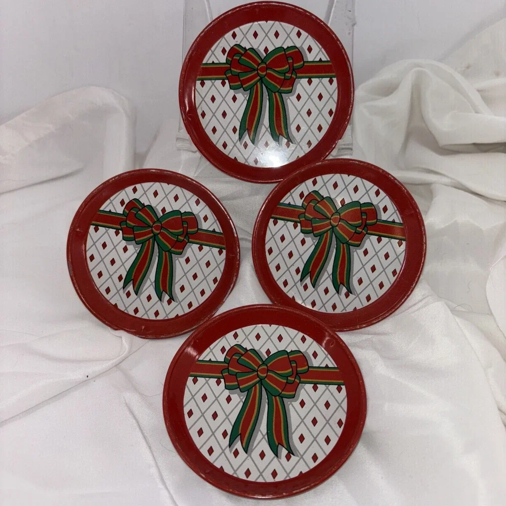 Vintage‎ Metal Christmas Drink Coasters Red Green Bow Retro 1960